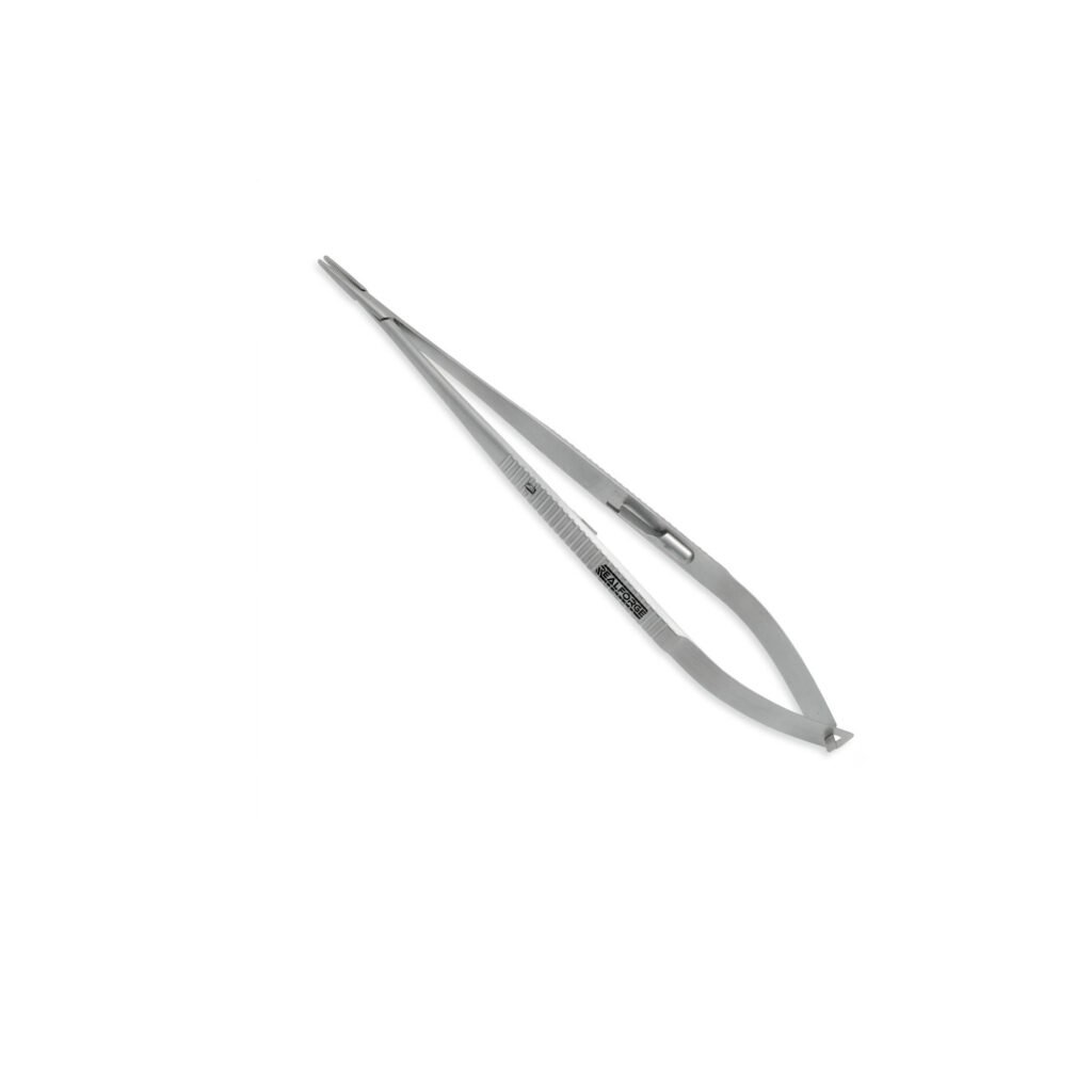 High-quality Castroviejo Micro Needle Holder with a flat handle, designed for secure needle handling and precise suturing during ophthalmic, microsurgical, and plastic surgical procedures, manufactured by RealForge.