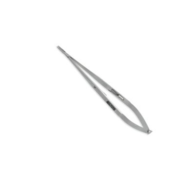 High-quality Castroviejo Micro Needle Holder with a flat handle, designed for secure needle handling and precise suturing during ophthalmic, microsurgical, and plastic surgical procedures, manufactured by RealForge.