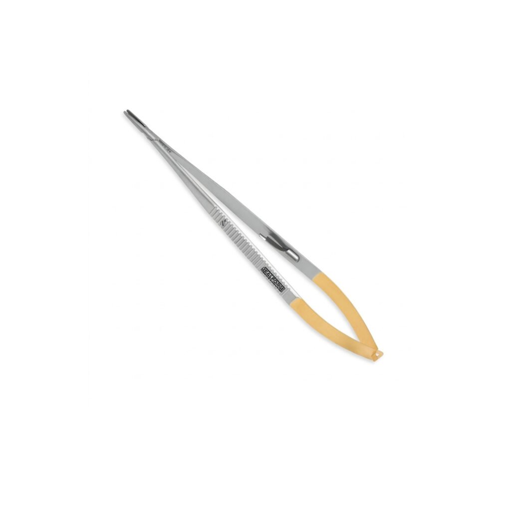 High-quality Castroviejo Micro Needle Holder with tungsten carbide inserts, designed for secure needle handling and precise suturing during ophthalmic, microsurgical, and plastic surgical procedures, manufactured by RealForge.