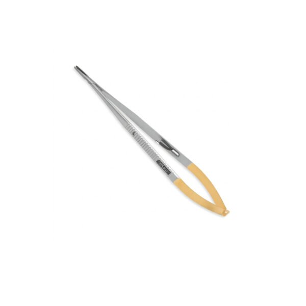 High-quality Castroviejo Micro Needle Holder with tungsten carbide inserts, designed for secure needle handling and precise suturing during ophthalmic, microsurgical, and plastic surgical procedures, manufactured by RealForge.