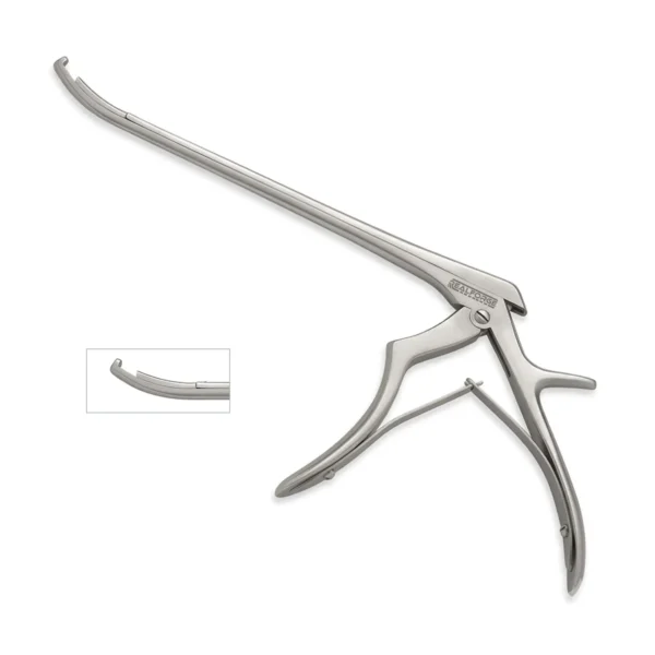 High-quality Curved Foramenotomy Laminectomy Punch with a 40-degree upward angled jaw, designed for precise bone removal and decompression during spinal and neurosurgical procedures, manufactured by RealForge.