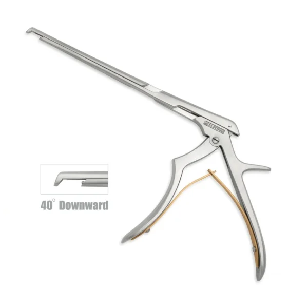 High-quality Kerrison Laminectomy Punch with a 40-degree downward angled jaw, designed for precise bone removal during spinal and neurosurgical procedures, manufactured by RealForge.