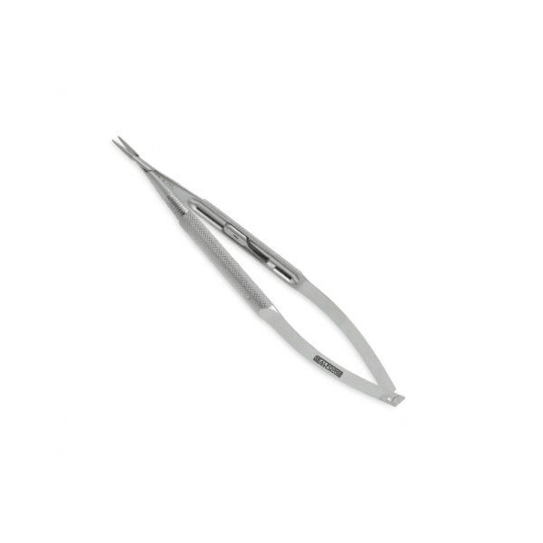 High-quality Reill Micro Needle Holder with a round body, designed for secure needle handling and precise suturing during microsurgical, ophthalmic, and plastic surgical procedures, manufactured by RealForge.