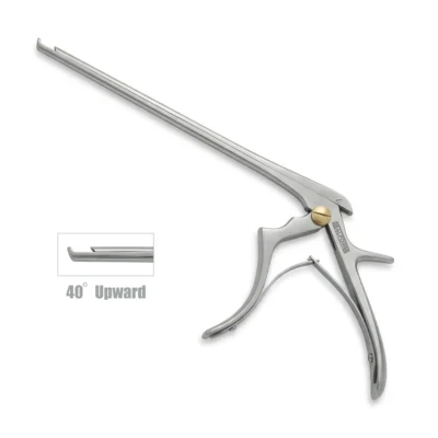 High-quality Thin Footplate Kerrison Laminectomy Punch with a 40-degree upward angled jaw, designed for precise bone removal in confined surgical spaces during spinal and neurosurgical procedures, manufactured by RealForge.