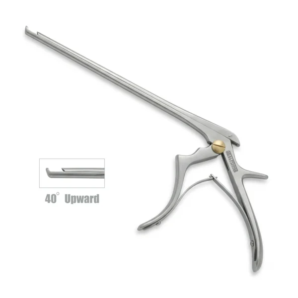 High-quality Thin Footplate Kerrison Laminectomy Punch with a 40-degree upward angled jaw, designed for precise bone removal in confined surgical spaces during spinal and neurosurgical procedures, manufactured by RealForge.