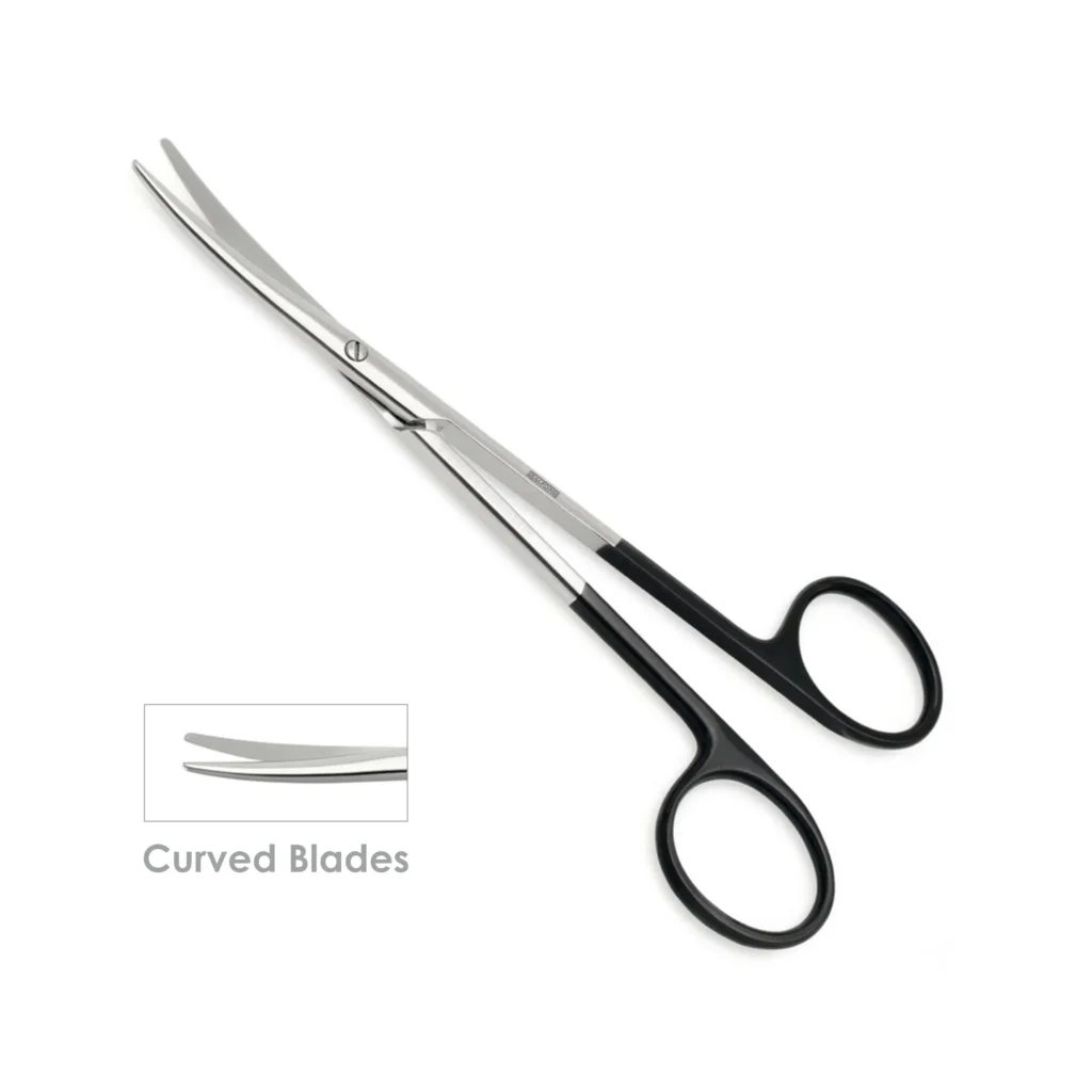 Baby Metzenbaum Easy-Cut Scissors with curved blades and micro serrated cutting edges.