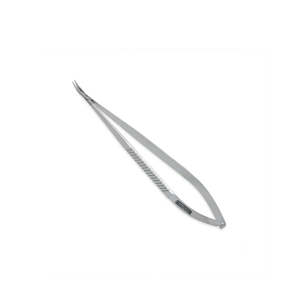 High-quality Castroviejo Micro Needle Holder with 0.4 mm jaws, designed for secure needle handling and precise suturing during ophthalmic, microsurgical, and plastic surgical procedures, manufactured by RealForge.