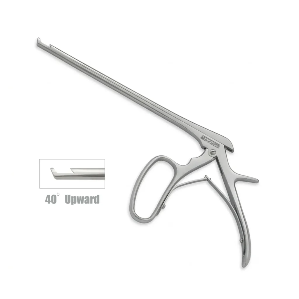 High-quality Ferris-Smith Kerrison Laminectomy Punch with a 40-degree upward angled jaw, designed for precise bone removal during spinal and neurosurgical procedures, manufactured by RealForge.