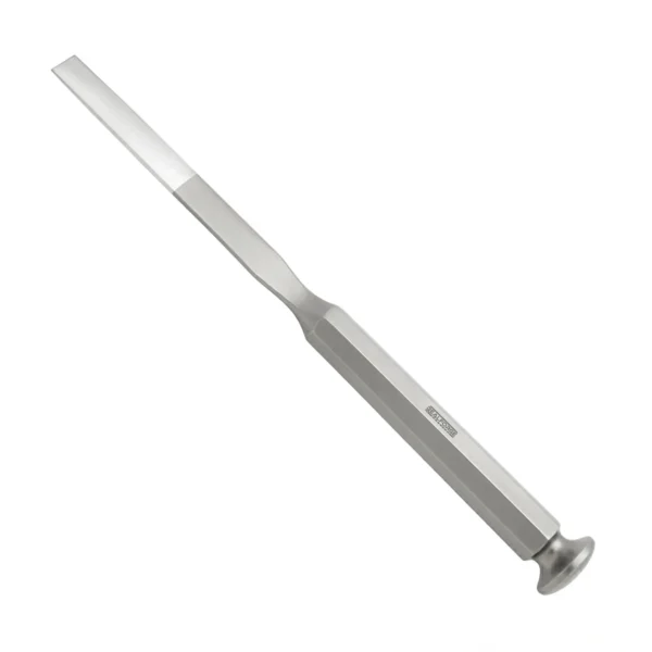 High-quality Hibbs Osteotome with a thin blade, designed for precise bone cutting and shaping during orthopedic and spinal surgical procedures, manufactured by RealForge.
