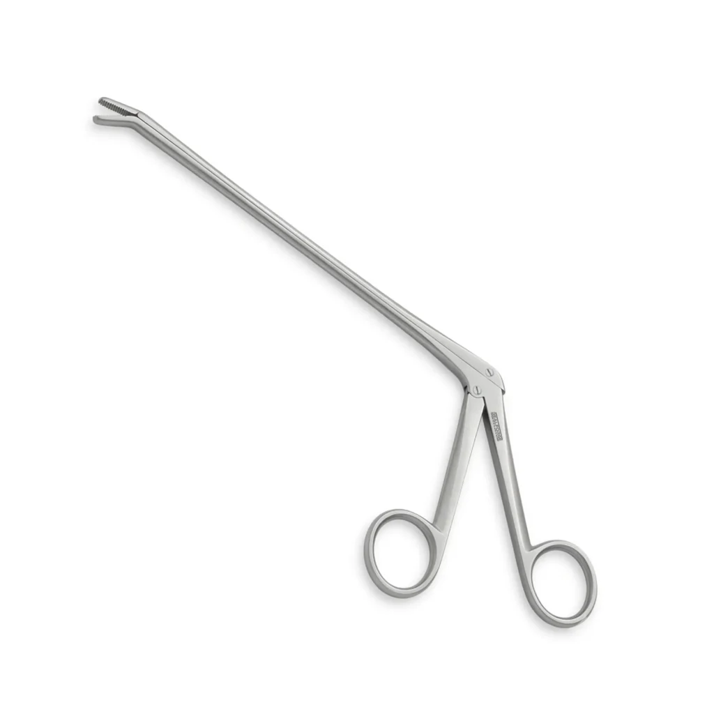 High-quality Intervertebral Disc Rongeur with a 40-degree angled downward jaw, designed for precise grasping and removal of intervertebral disc tissue during spinal and neurosurgical procedures, manufactured by RealForge.