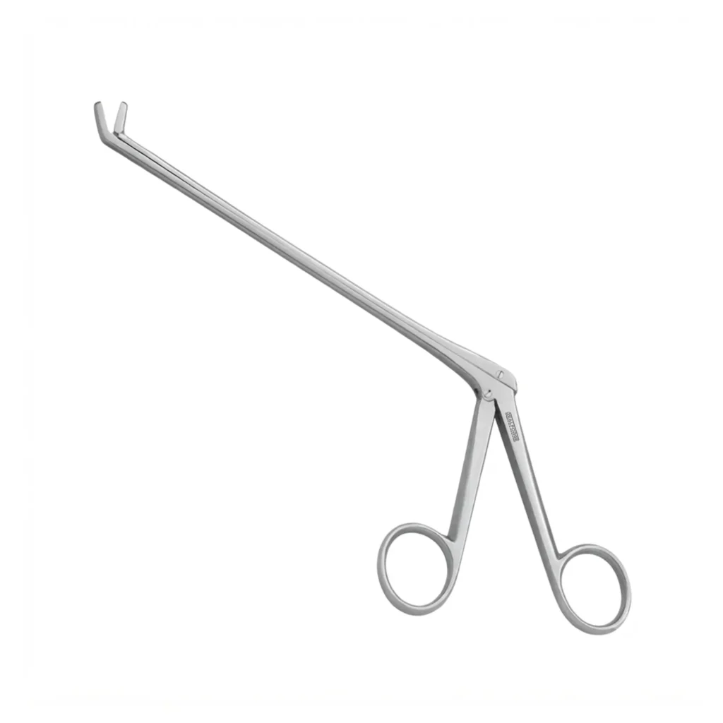 High-quality Intervertebral Disc Rongeur with a 40-degree angled upward jaw, designed for precise grasping and removal of intervertebral disc tissue during spinal and neurosurgical procedures, manufactured by RealForge.