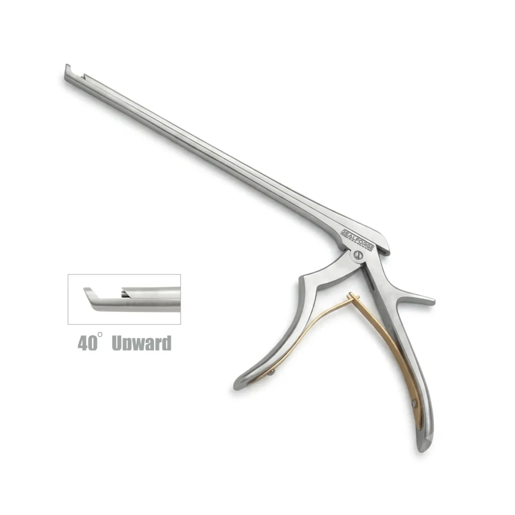 High-quality Kerrison Laminectomy Punch with Bone Ejector and a 40-degree upward angled jaw, designed for precise bone removal and efficient debris evacuation during spinal and neurosurgical procedures, manufactured by RealForge.