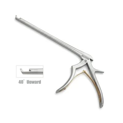 High-quality Kerrison Laminectomy Punch with Bone Ejector and a 40-degree upward angled jaw, designed for precise bone removal and efficient debris evacuation during spinal and neurosurgical procedures, manufactured by RealForge.