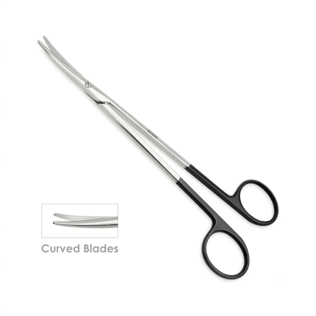 McIndoe / Metzenbaum Easy-Cut Scissors with curved micro serrated blades.