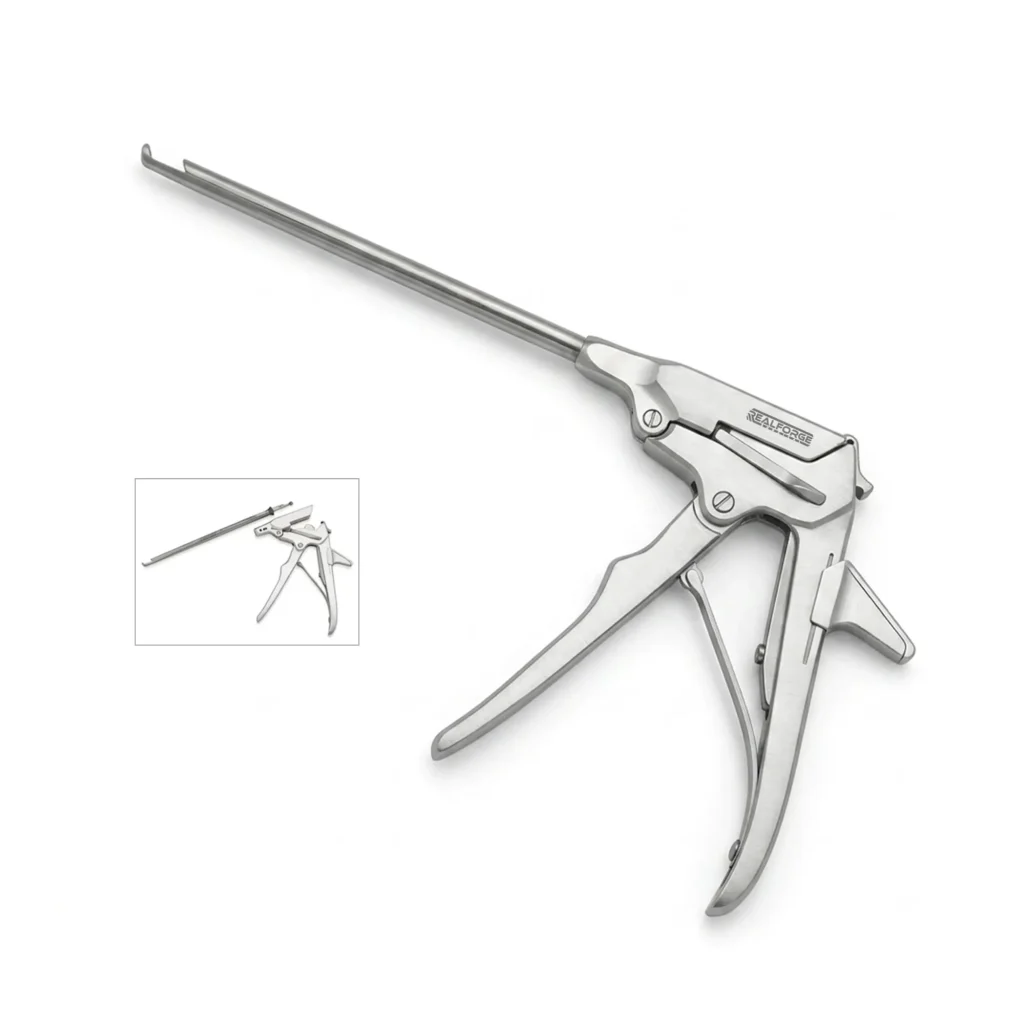 High-quality Osteo-Rotating Punch with a 40-degree upward angled jaw, designed for precise bone cutting and removal during spinal, orthopedic, and neurosurgical procedures, manufactured by RealForge.