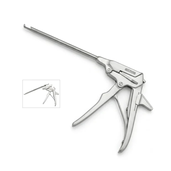 High-quality Osteo-Rotating Punch with a 40-degree upward angled jaw, designed for precise bone cutting and removal during spinal, orthopedic, and neurosurgical procedures, manufactured by RealForge.