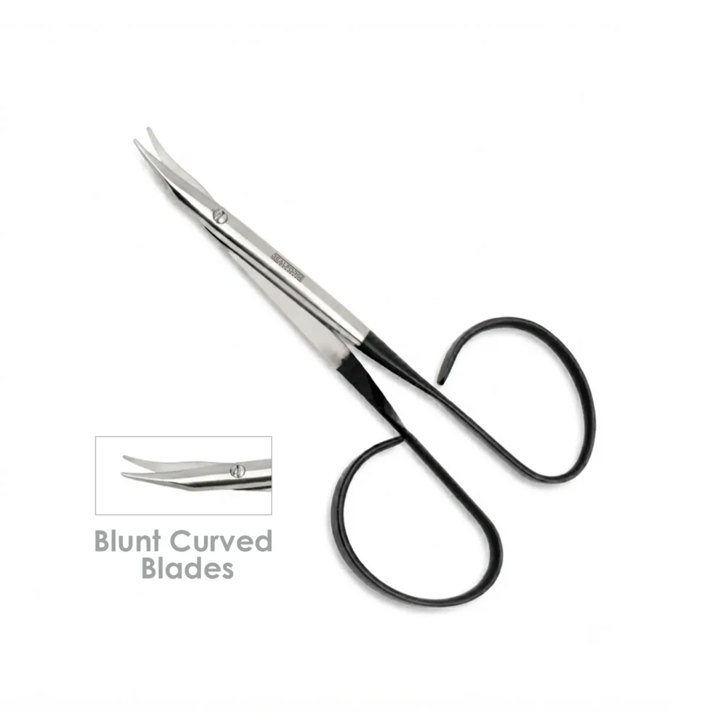 Ribbon Handle Stevens Tenotomy Scissors with blunt curved blades and micro serrated cutting edge.