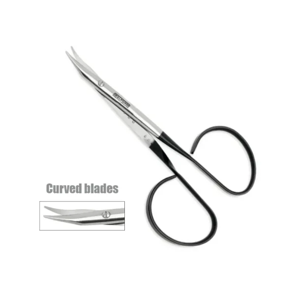 ribbon handle stevens tenotomy scissors with blunt and curved micro serrated blades for plastic surgery