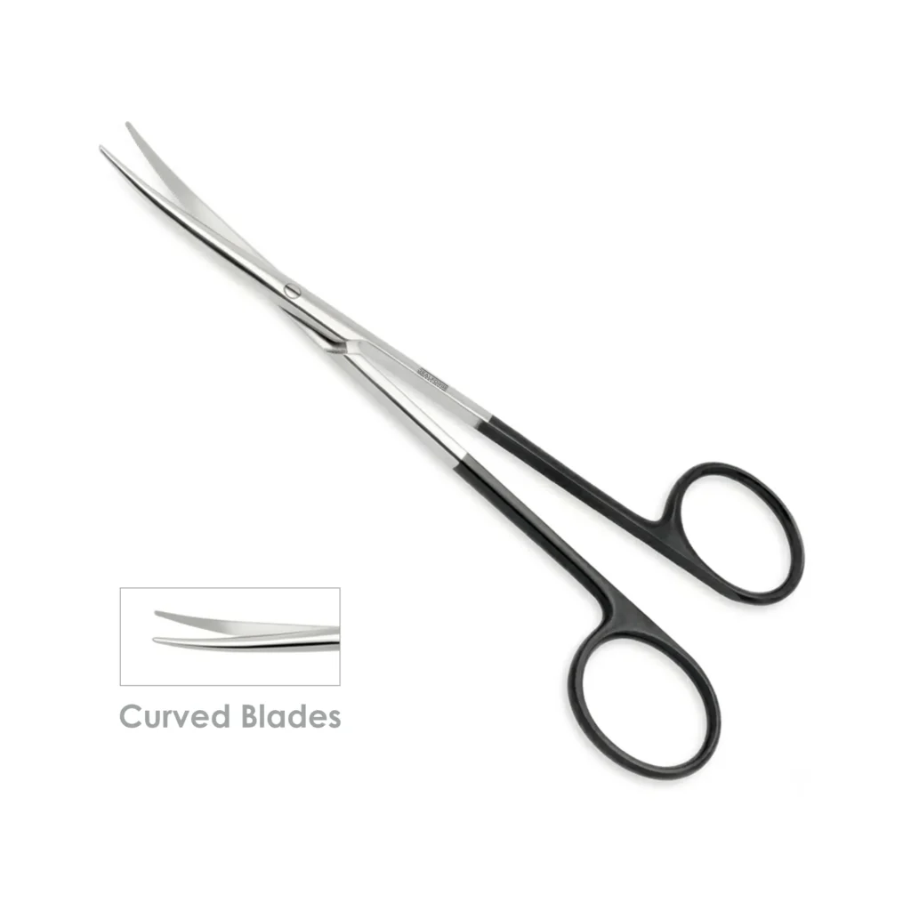 Slim Baby Metzenbaum Easy-Cut Scissors with curved slim blades and micro serrated cutting edges.