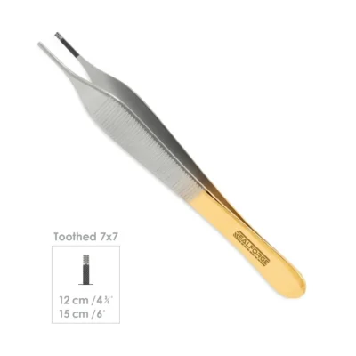 High-quality Tungsten Adson Brown Forceps with tungsten carbide inserts, designed for secure tissue handling and precise grasping during plastic, reconstructive, and general surgical procedures, manufactured by RealForge.