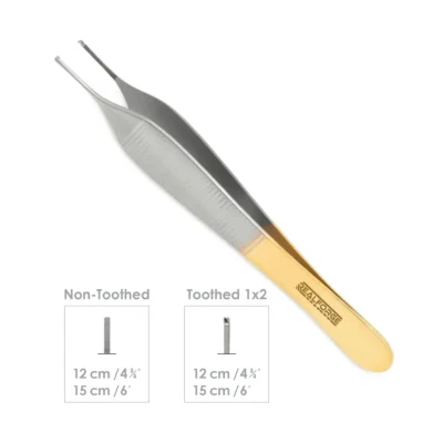 High-quality Tungsten Adson Forceps with tungsten carbide inserts, designed for precise tissue handling and secure grasping during general, plastic, and microsurgical procedures, manufactured by RealForge.