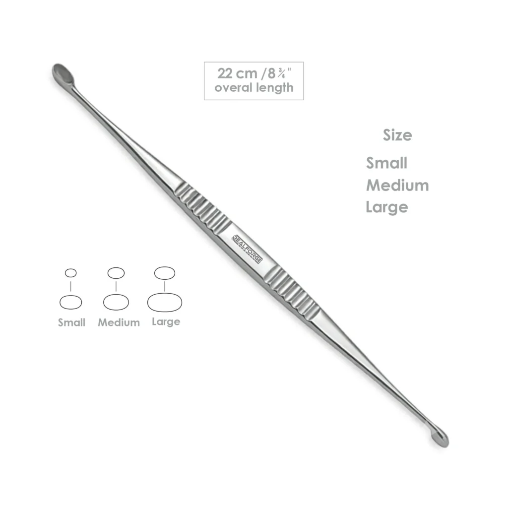 High-quality Volkmann Double-Ended Curette designed for precise tissue curettage and bone debridement during orthopedic and spinal surgical procedures, manufactured by RealForge.